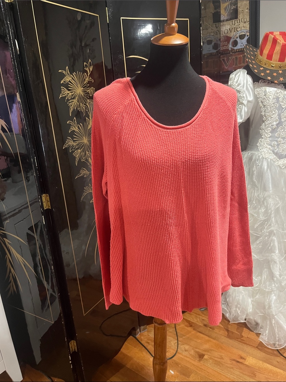 Old Navy Coral Knit Long-Sleeve Waffle Top